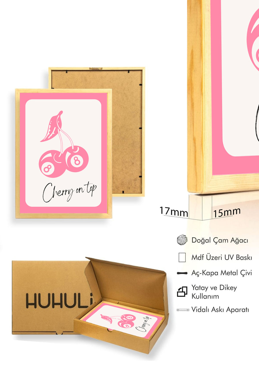 Doğal Ahşap Çerçeveli Retro Tablo - Cherry On Top Çilek Desenli | huhu2498