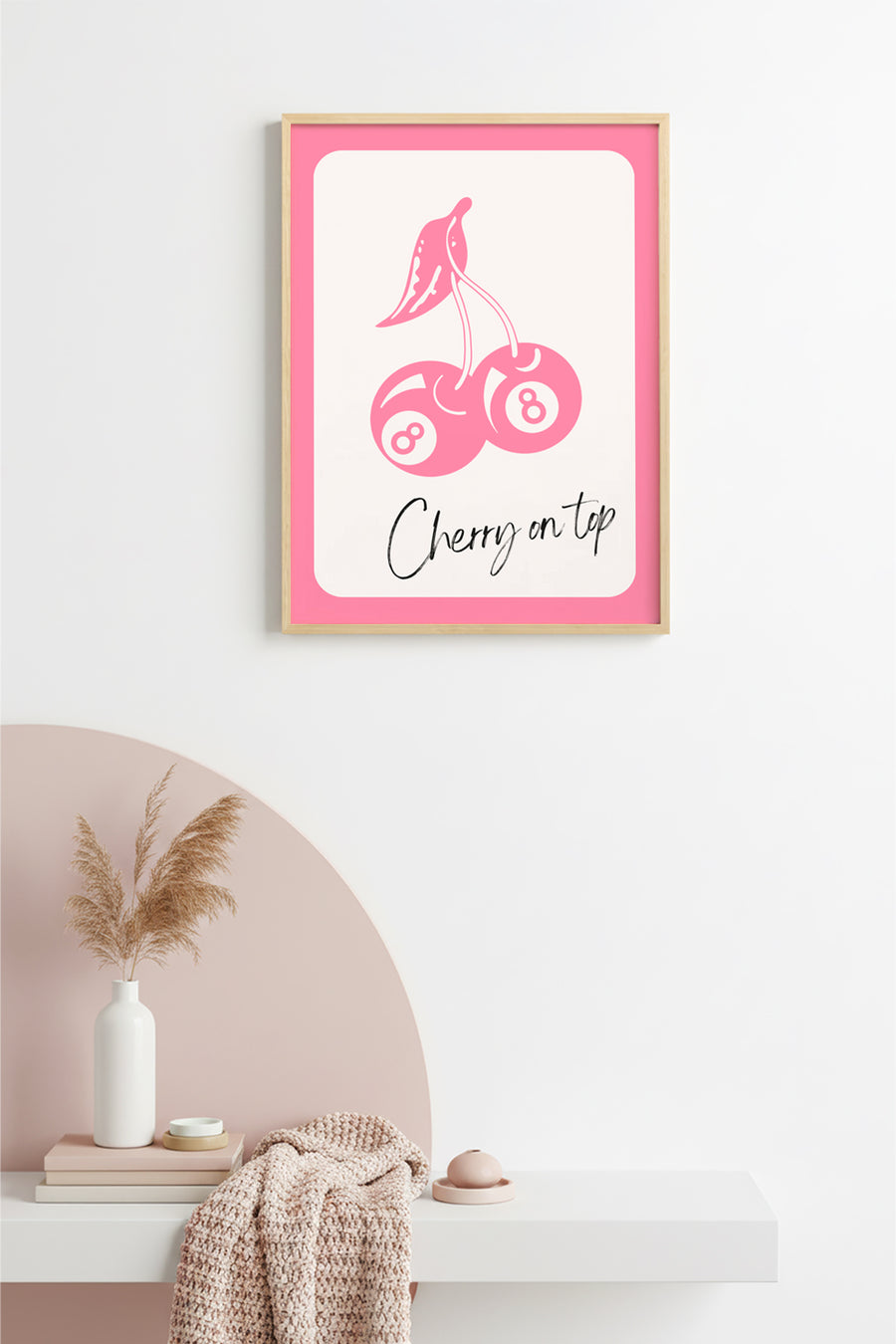 Doğal Ahşap Çerçeveli Retro Tablo - Cherry On Top Çilek Desenli | huhu2498