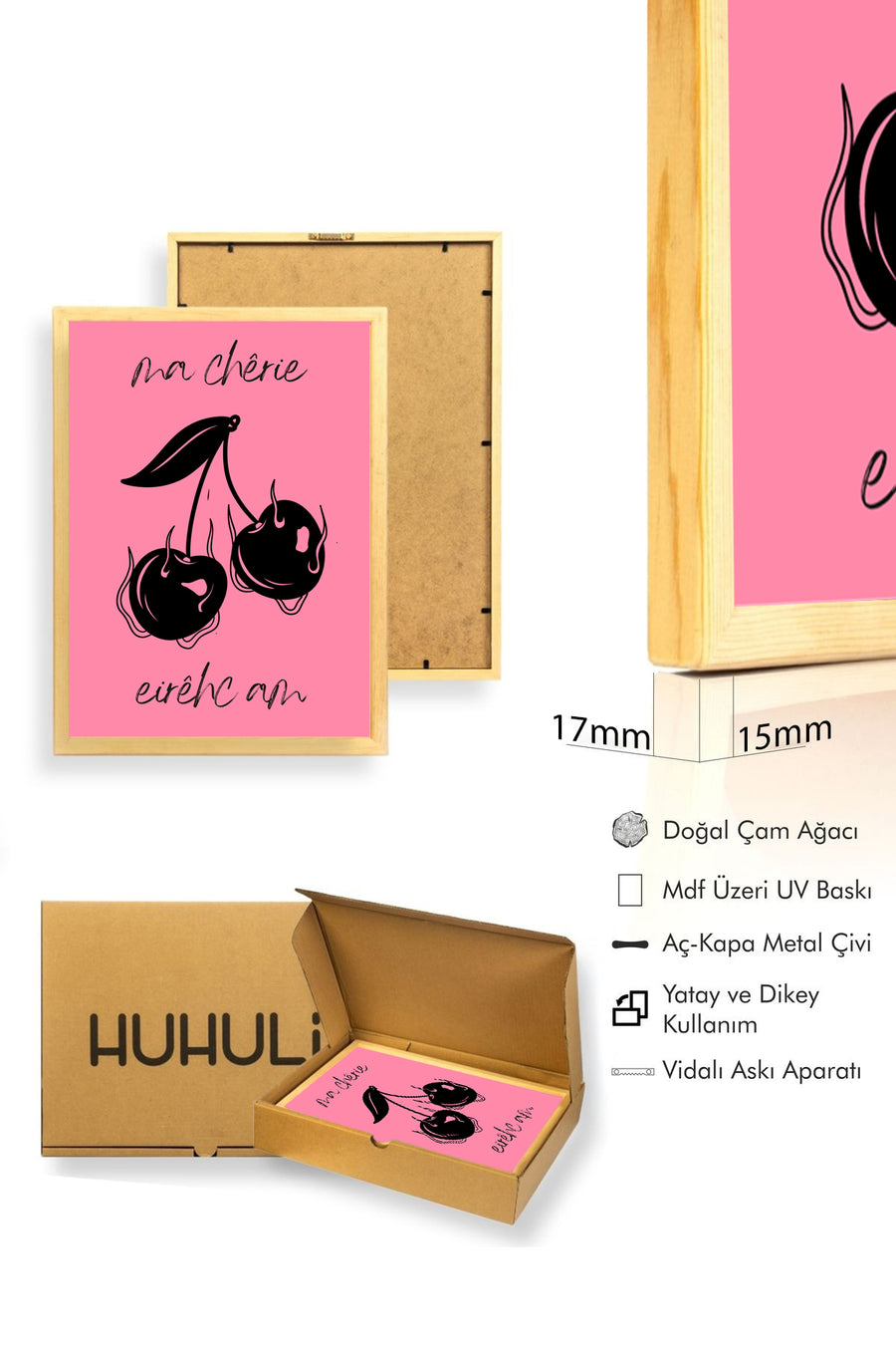 Doğal Ahşap Çerçeveli Kiraz Desenli Retro Tablo - Ma Chérie Canlı Baskı | huhu2499
