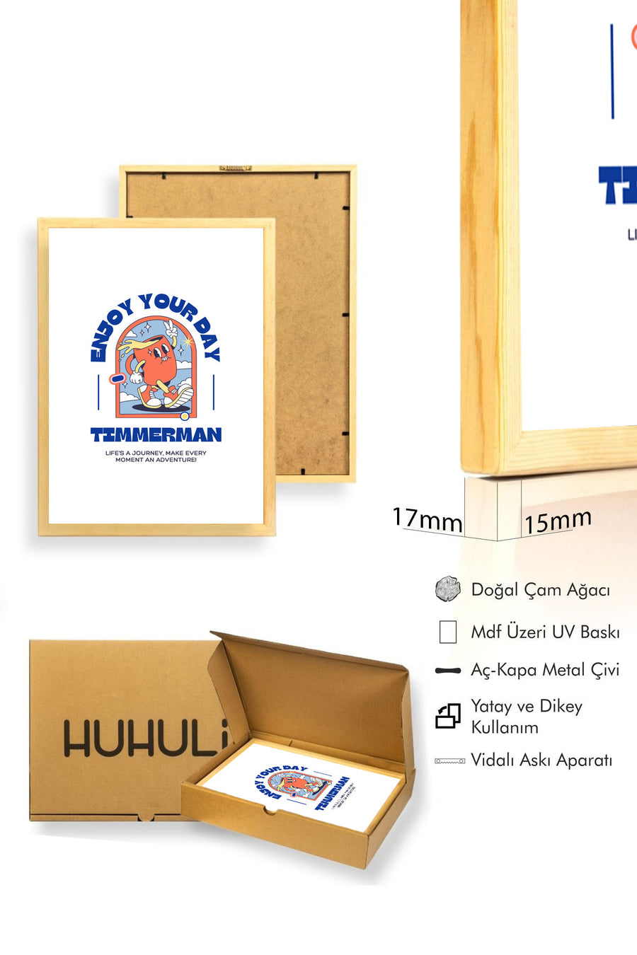 Doğal Ahşap Çerçeveli Retro Pop Art Tablo - Enjoy Your Day Motivasyon | huhu2503