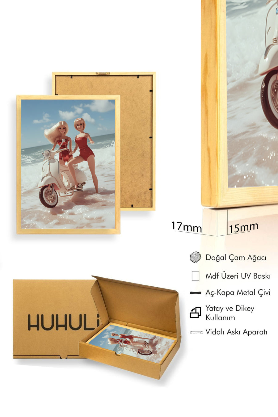 Doğal Ahşap Çerçeveli Retro Tarz Tablo - Yaz ve Bohem Desenler | huhu2504