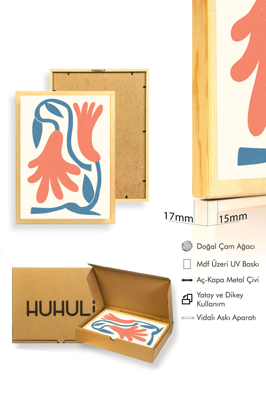 Doğal Ahşap Çerçeveli Retro Soyut Tablo - Boho Çiçek Desenli Duvar Sanatı | huhu2505