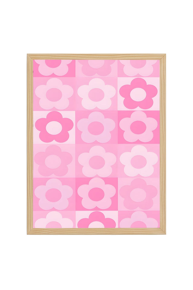 Doğal Ahşap Çerçeveli Retro Pembe Çiçek Tablo - Floral Desenli Kanvas Dekorasyon | huhu2506