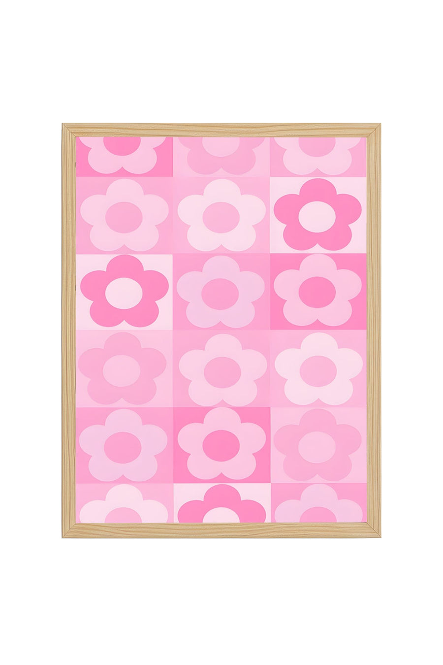 Doğal Ahşap Çerçeveli Retro Pembe Çiçek Tablo - Floral Desenli Kanvas Dekorasyon | huhu2506