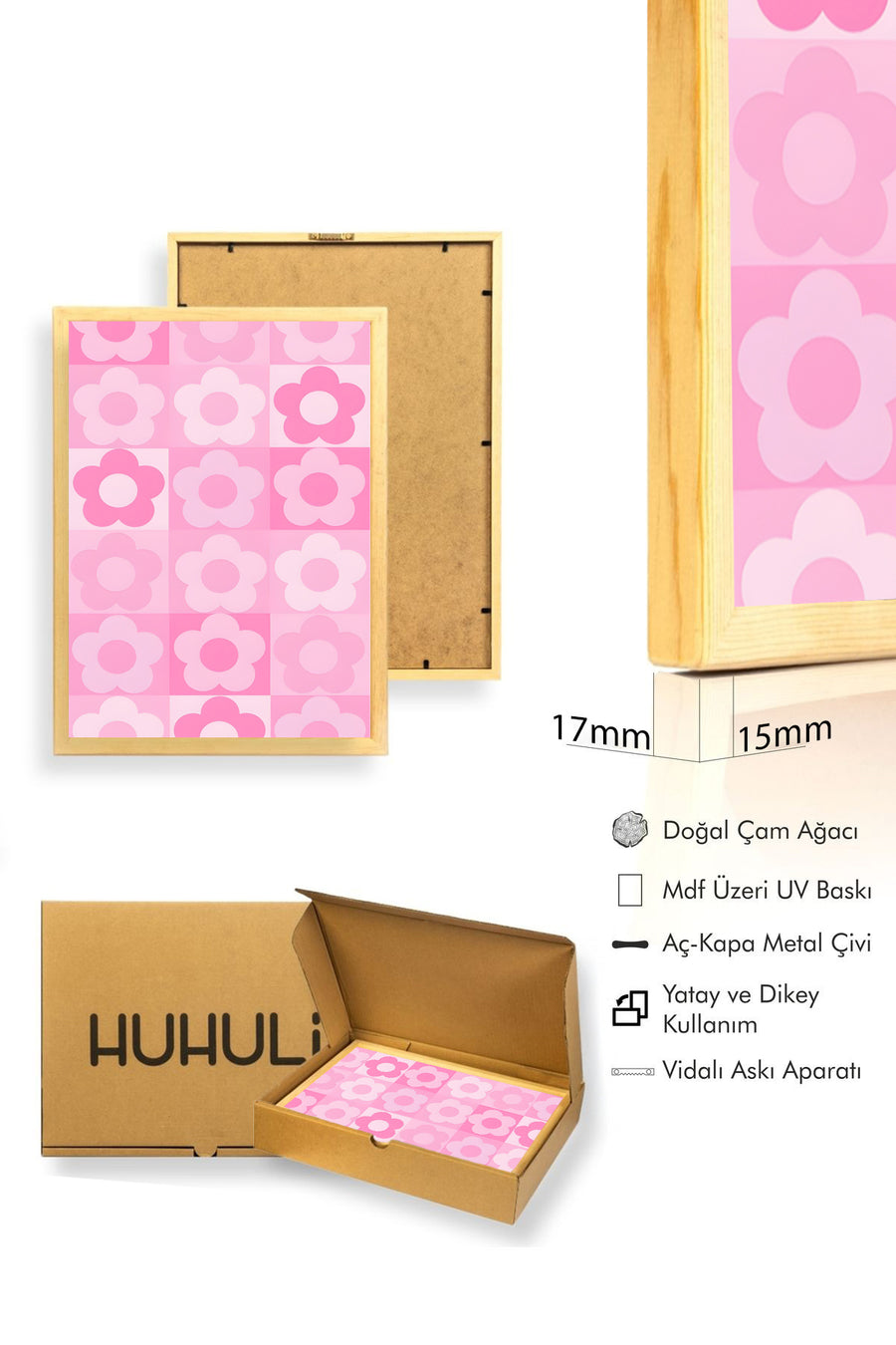 Doğal Ahşap Çerçeveli Retro Pembe Çiçek Tablo - Floral Desenli Kanvas Dekorasyon | huhu2506