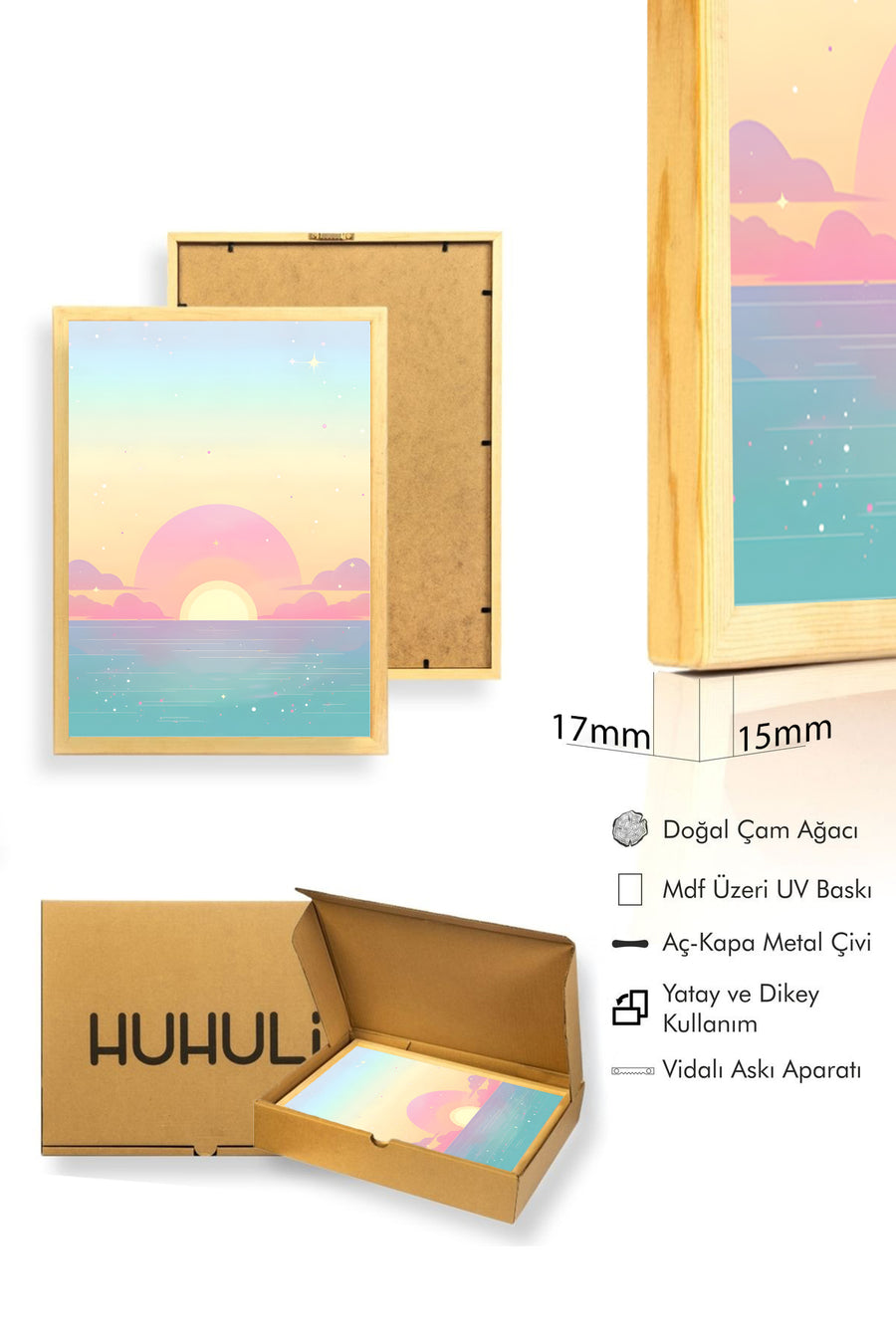 Doğal Ahşap Çerçeveli Retro Tablo - Pastel Tonlarda Gün Batımı Deniz Manzarası | huhu2510