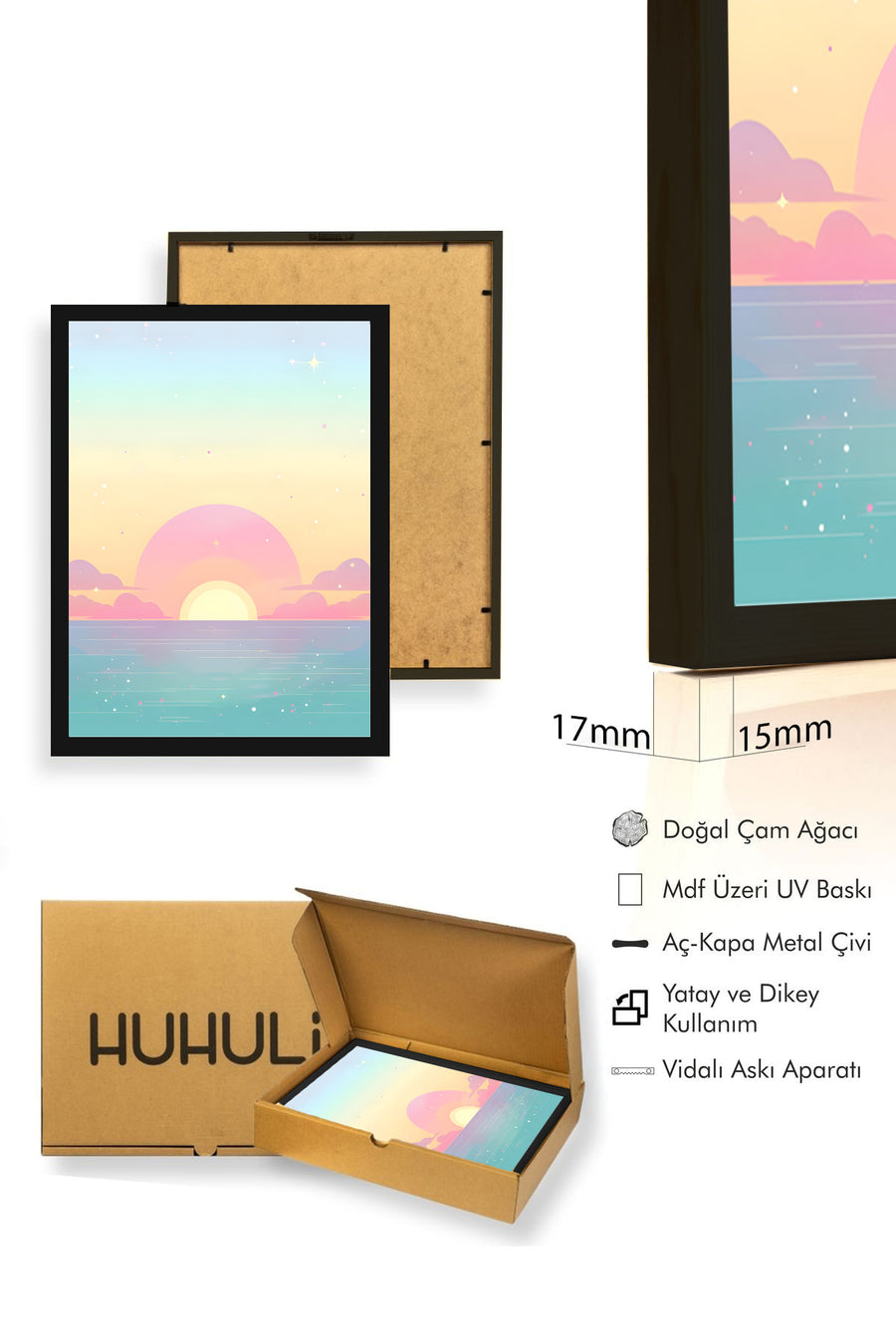 Doğal Ahşap Çerçeveli Retro Tablo - Pastel Tonlarda Gün Batımı Deniz Manzarası | huhu2510