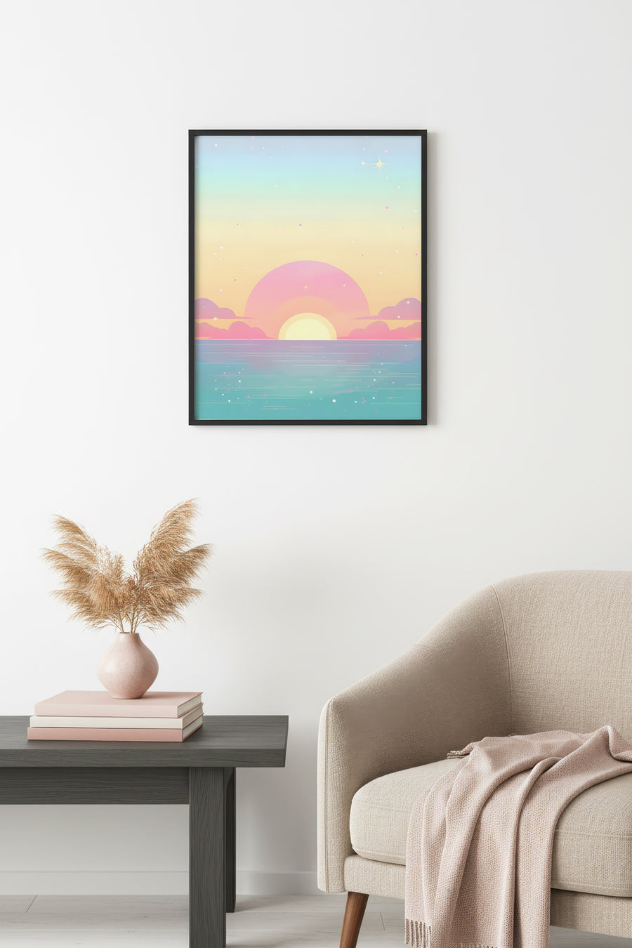 Doğal Ahşap Çerçeveli Retro Tablo - Pastel Tonlarda Gün Batımı Deniz Manzarası | huhu2510