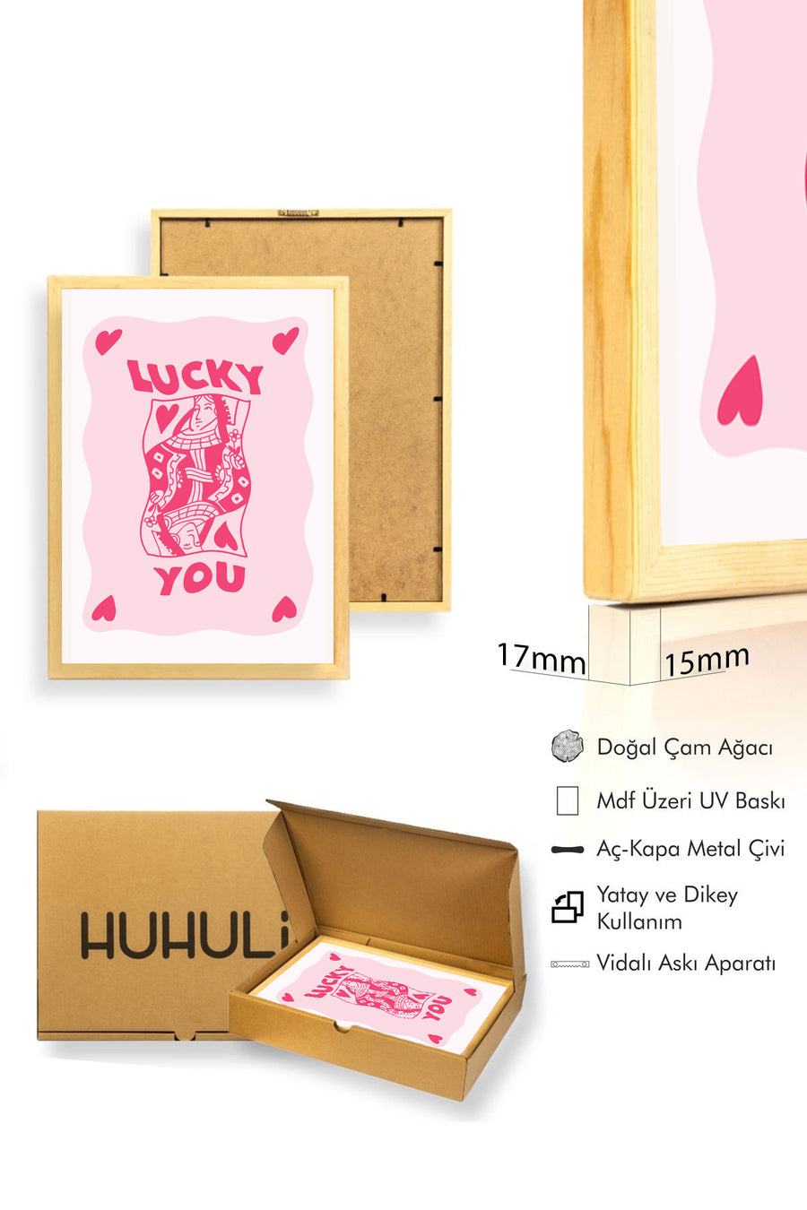 Doğal Ahşap Çerçeveli Retro Portre Tablo - Lucky You Vintage Pop Art | huhu2513