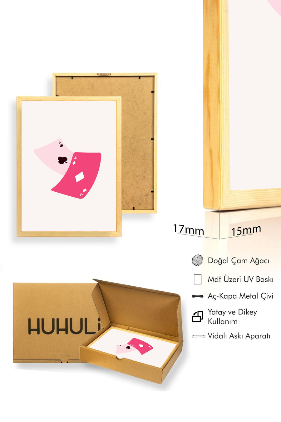 Doğal Ahşap Çerçeveli Retro Oyun Kartı Tablo - Pembe Aslar | huhu2514