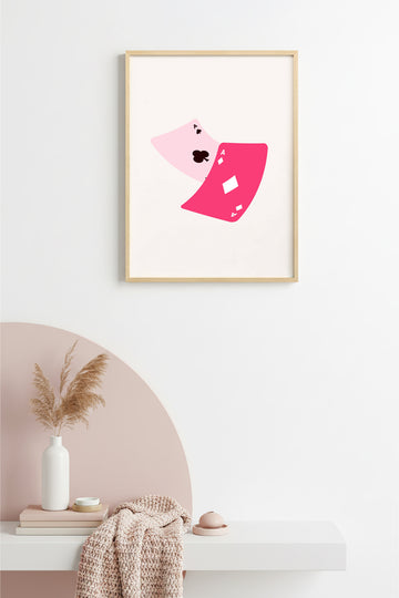 Doğal Ahşap Çerçeveli Retro Oyun Kartı Tablo - Pembe Aslar | huhu2514