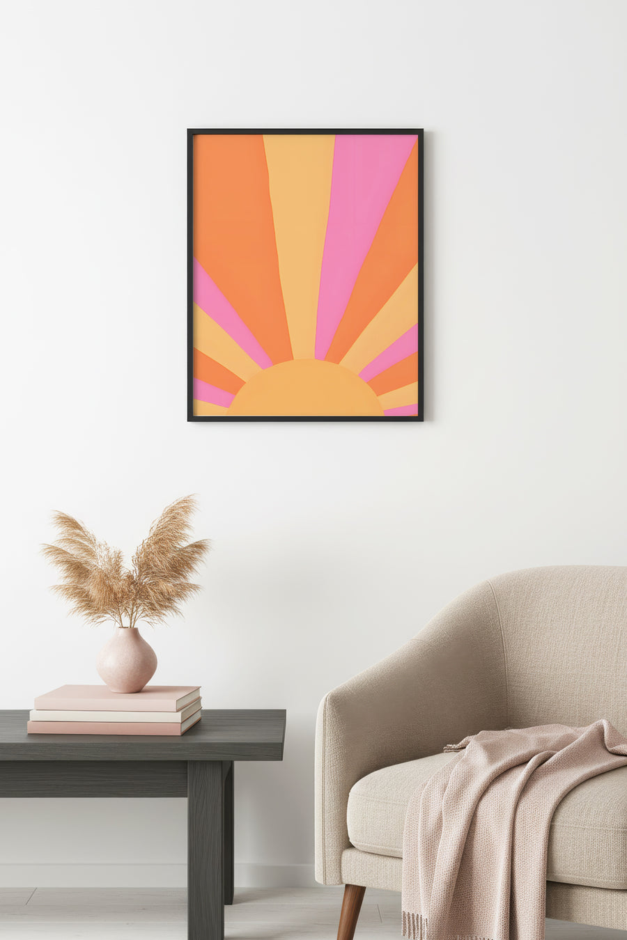 Doğal Ahşap Çerçeveli Retro Abstrak Tablo - Güneş Işını Pastel Tonlar | huhu2516