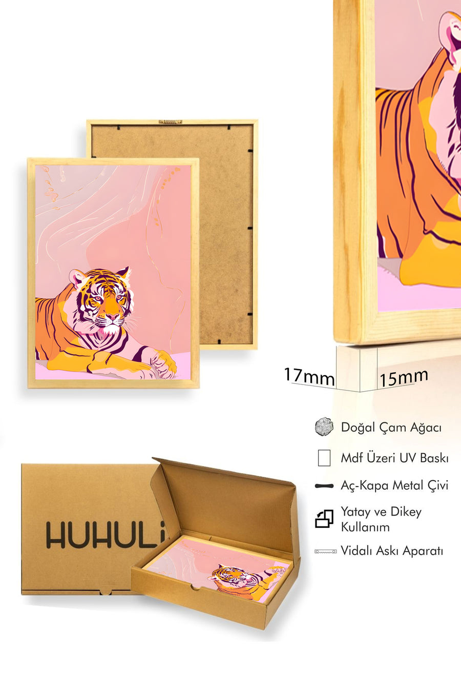 Doğal Ahşap Çerçeveli Retro Kaplan Tablo - Canlı Pop Art | huhu2518