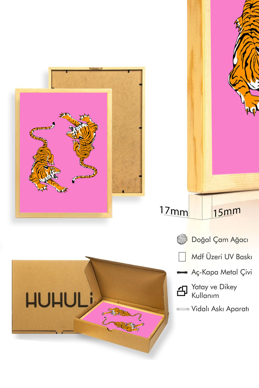 Doğal Ahşap Çerçeveli Retro Kaplan Pop Art Tablo - Orman Hayvanları | huhu2520