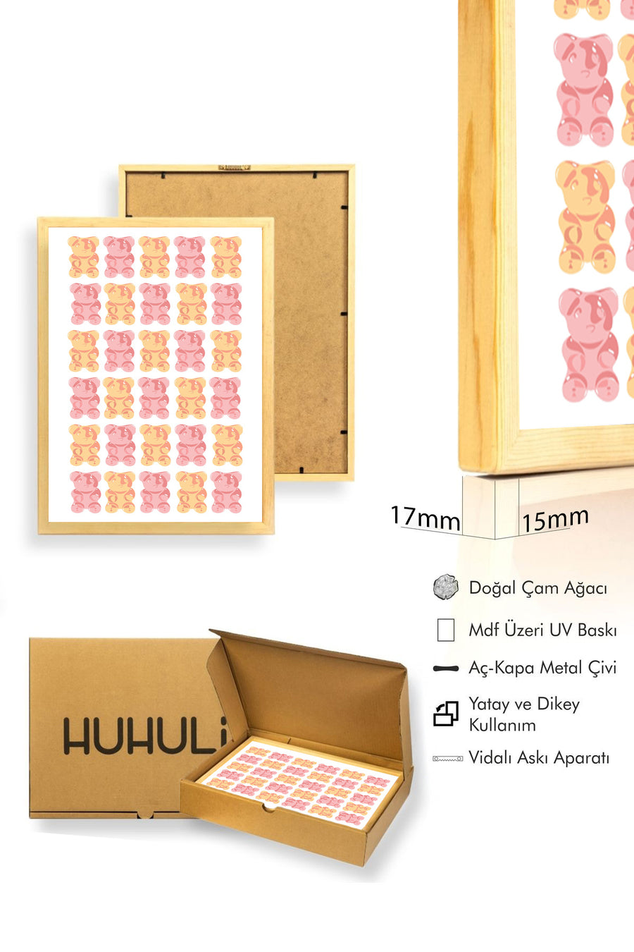 Doğal Ahşap Çerçeveli Tablo - Pastel Tonlarda Ayı Figürlü Dekoratif | huhu2521