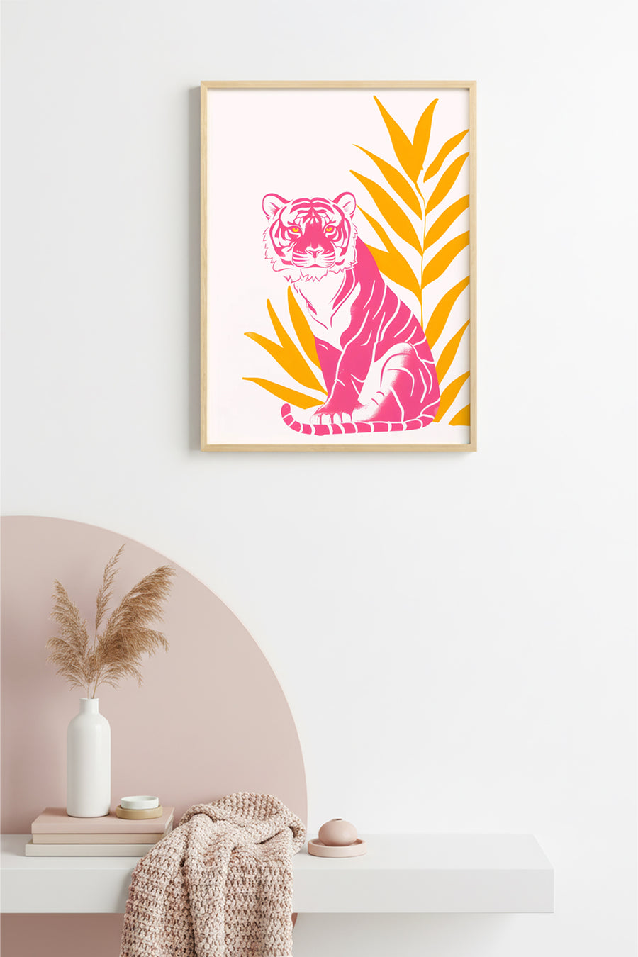 Doğal Ahşap Çerçeveli Retro Kaplan Tablo - Pop Art Hayvan İllüstrasyonu | huhu2522