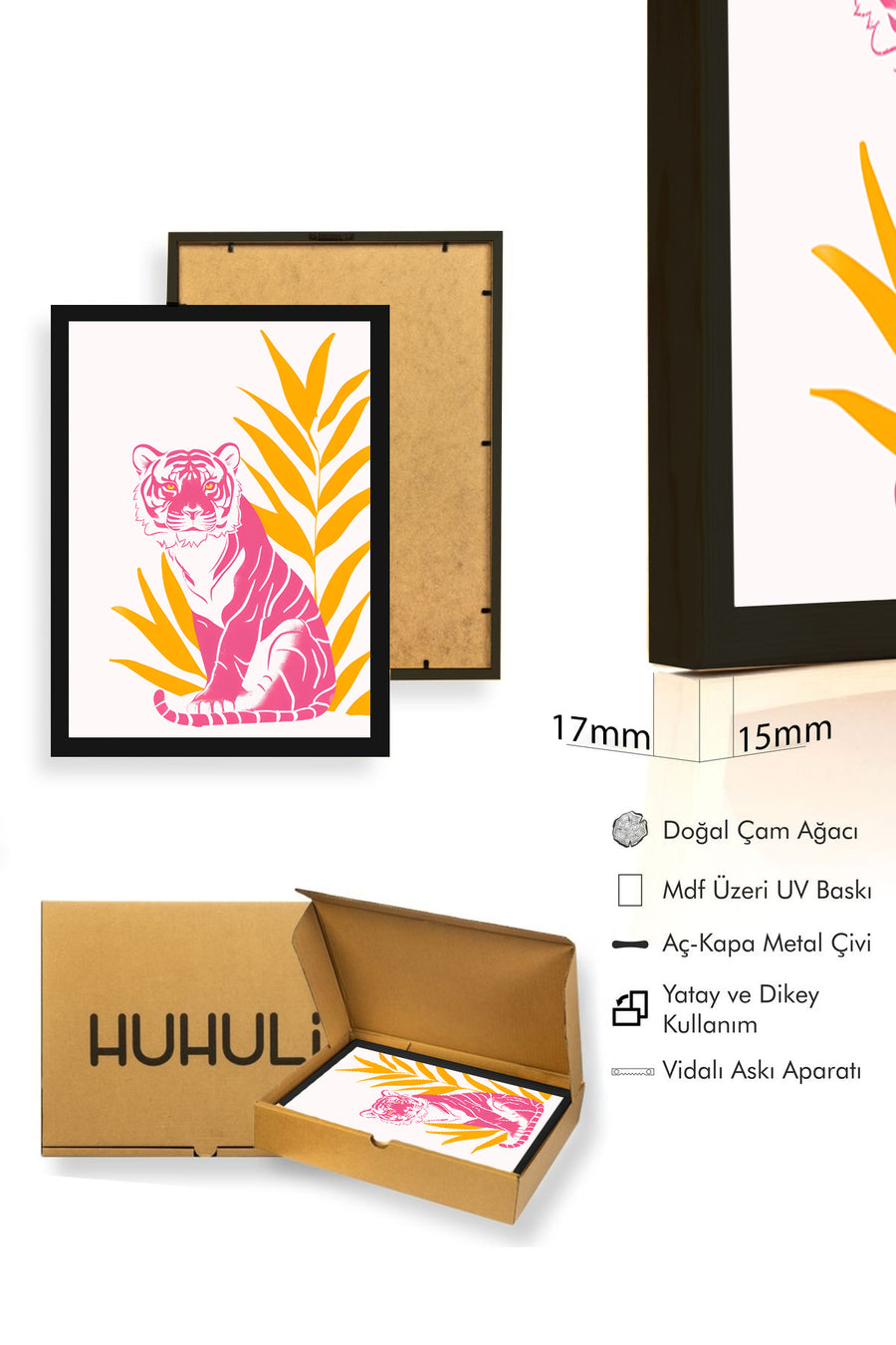 Doğal Ahşap Çerçeveli Retro Kaplan Tablo - Pop Art Hayvan İllüstrasyonu | huhu2522