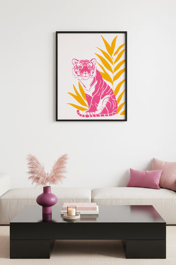 Doğal Ahşap Çerçeveli Retro Kaplan Tablo - Pop Art Hayvan İllüstrasyonu | huhu2522
