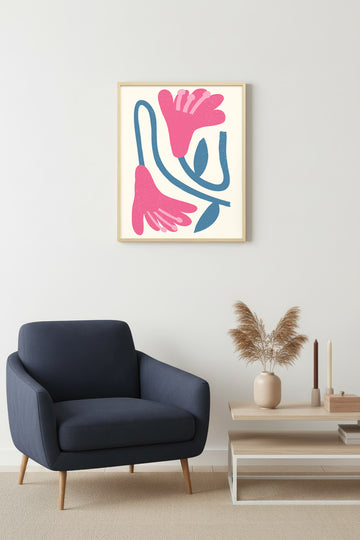 Doğal Ahşap Çerçeveli Retro Çiçek Tablo - Pembe ve Mavi Floral Desen | huhu2523