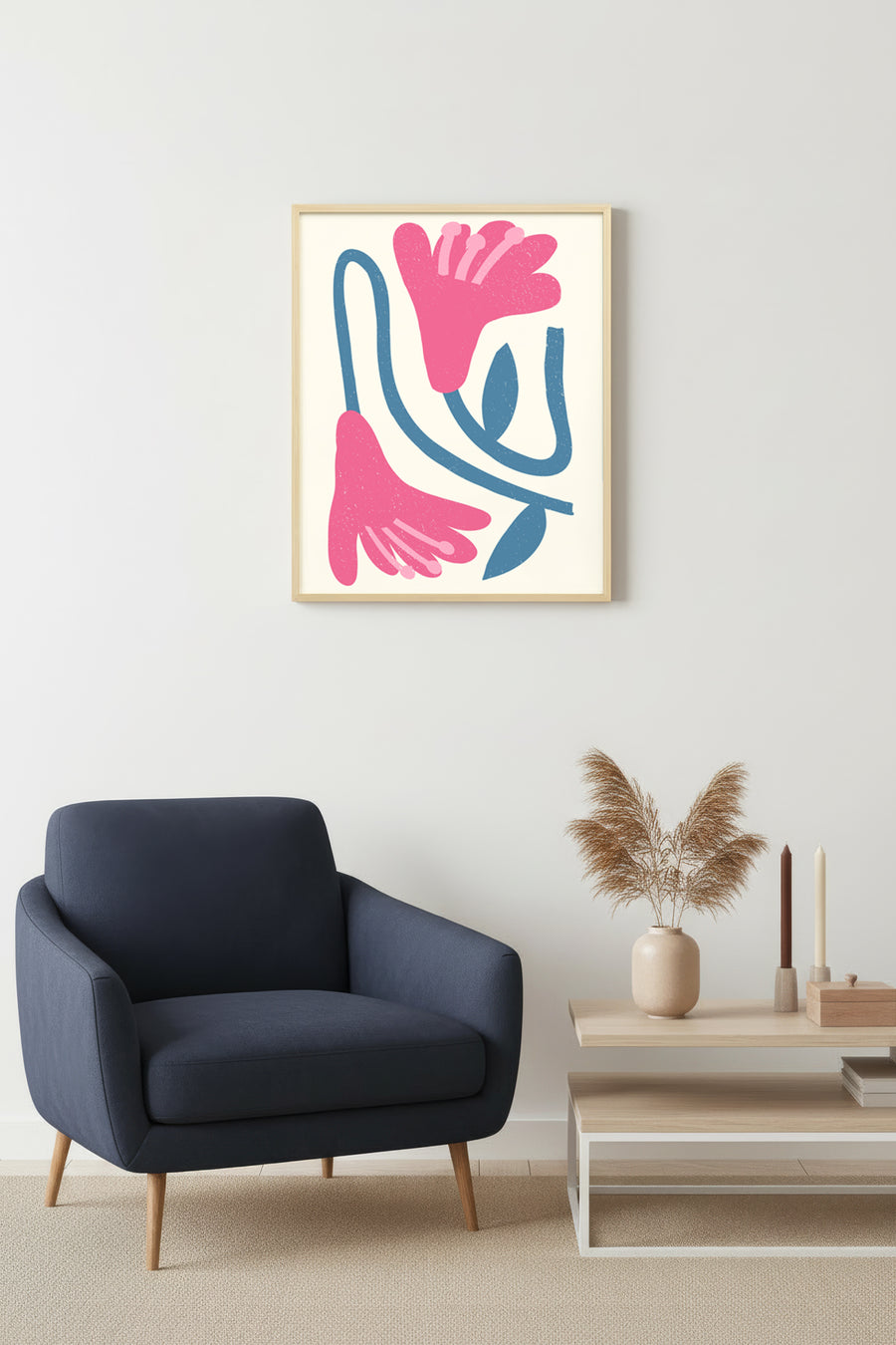 Doğal Ahşap Çerçeveli Retro Çiçek Tablo - Pembe ve Mavi Floral Desen | huhu2523
