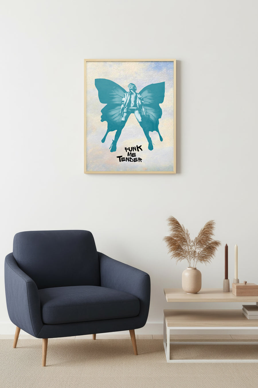 Doğal Ahşap Çerçeveli Retro Pop Art Kelebek Tablo - Punk Kız Figürü | huhu2524