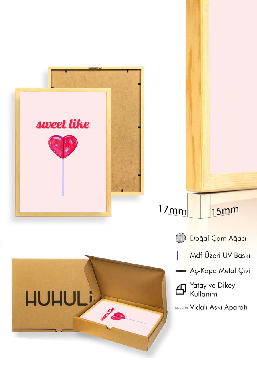 Doğal Ahşap Çerçeveli Retro Kalp Pop Art Tablo - Tatlı Sevimlilik | huhu2525