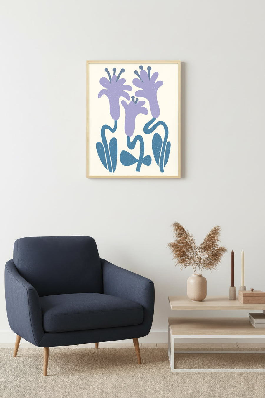 Doğal Ahşap Çerçeveli Retro Floral Tablo - Lavanta ve Mavi Bitki Desenli | huhu2527