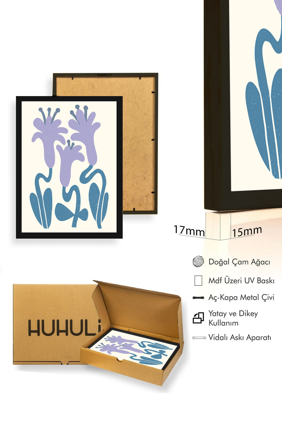 Doğal Ahşap Çerçeveli Retro Floral Tablo - Lavanta ve Mavi Bitki Desenli | huhu2527
