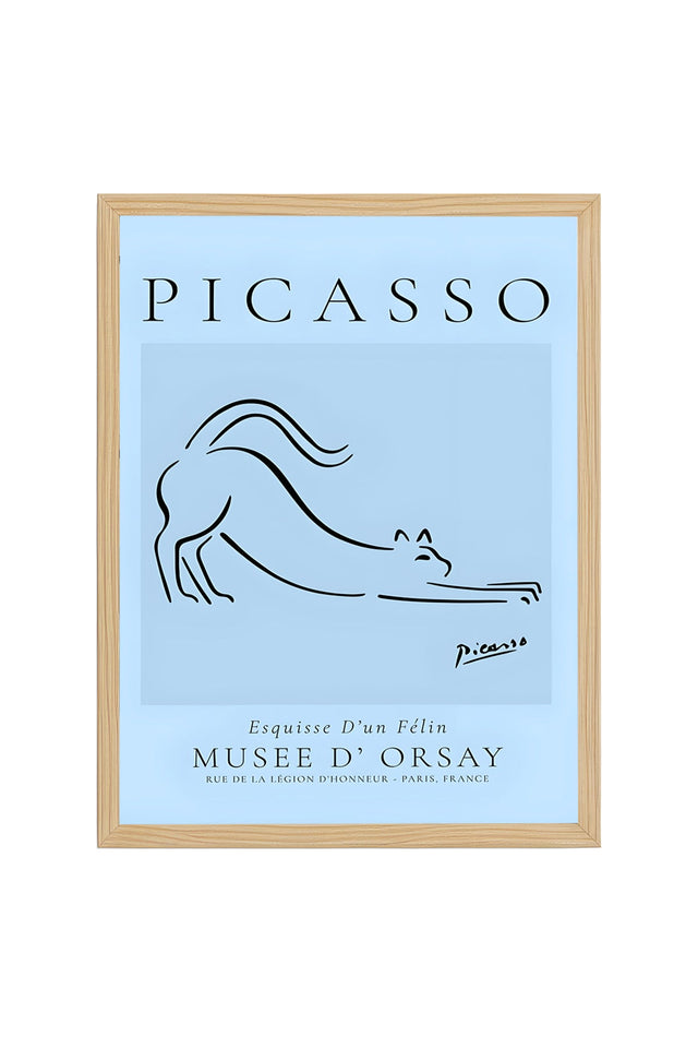 Doğal Ahşap Çerçeveli Line Art Kedi Tablo - Picasso Tarzı Minimalist | huhu2533