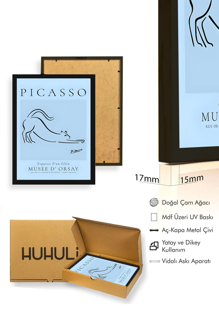 Doğal Ahşap Çerçeveli Line Art Kedi Tablo - Picasso Tarzı Minimalist | huhu2533