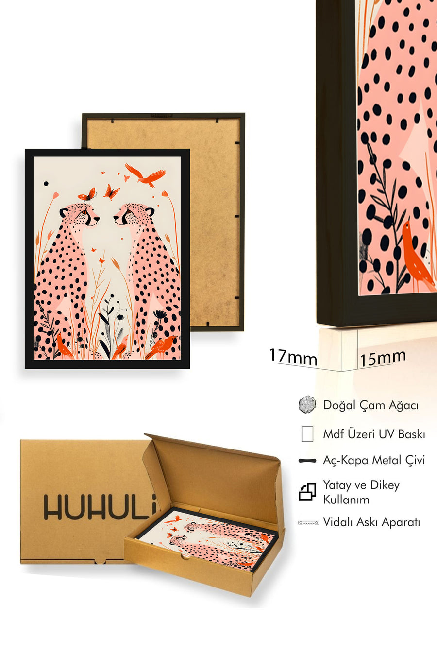 Doğal Ahşap Çerçeveli Retro Leopar Tablo - Safari Hayvanları Portresi | huhu2534