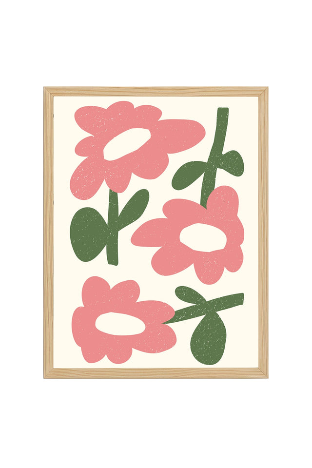 Doğal Ahşap Çerçeveli Retro Pop Art Tablo - Pembe Çiçekler | huhu2535