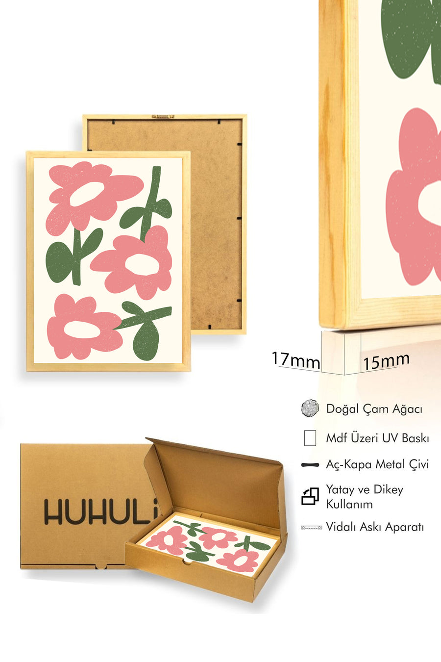 Doğal Ahşap Çerçeveli Retro Pop Art Tablo - Pembe Çiçekler | huhu2535
