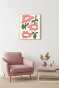 Doğal Ahşap Çerçeveli Retro Pop Art Tablo - Pembe Çiçekler | huhu2535