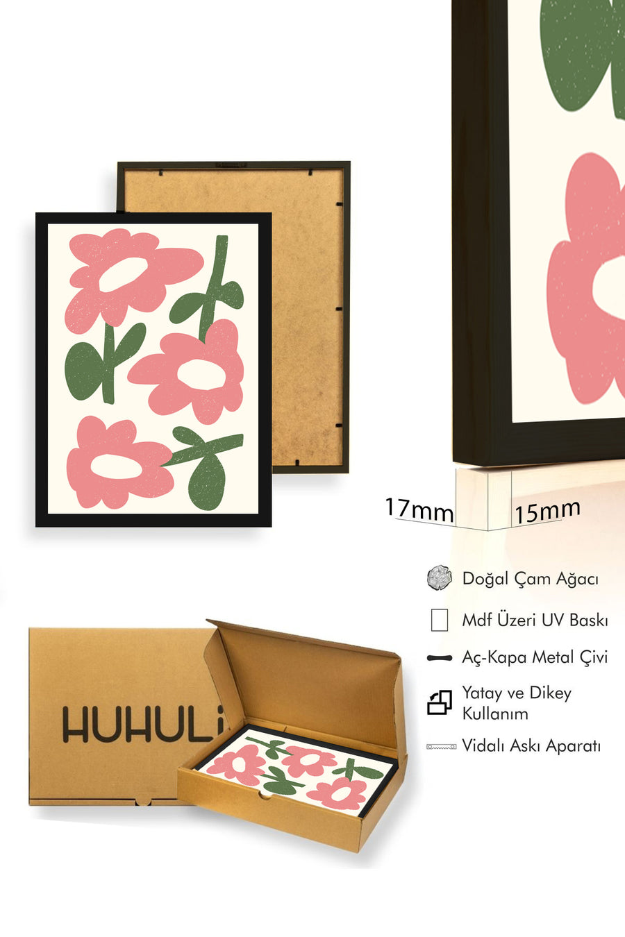 Doğal Ahşap Çerçeveli Retro Pop Art Tablo - Pembe Çiçekler | huhu2535