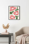 Doğal Ahşap Çerçeveli Retro Pop Art Tablo - Pembe Çiçekler | huhu2535