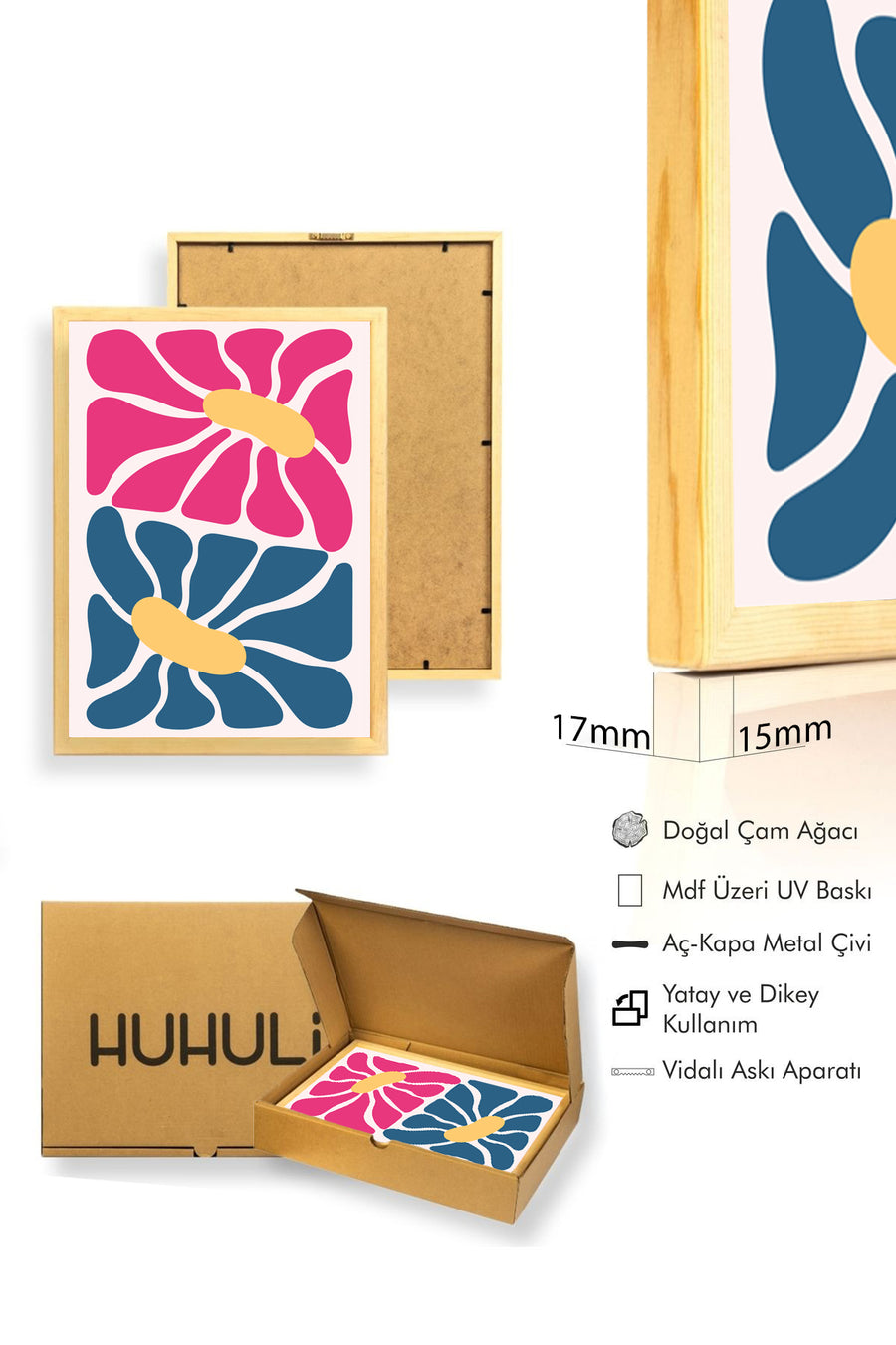 Doğal Ahşap Çerçeveli Retro Soyut Tablo - Pembe ve Mavi Floral Desen | huhu2536