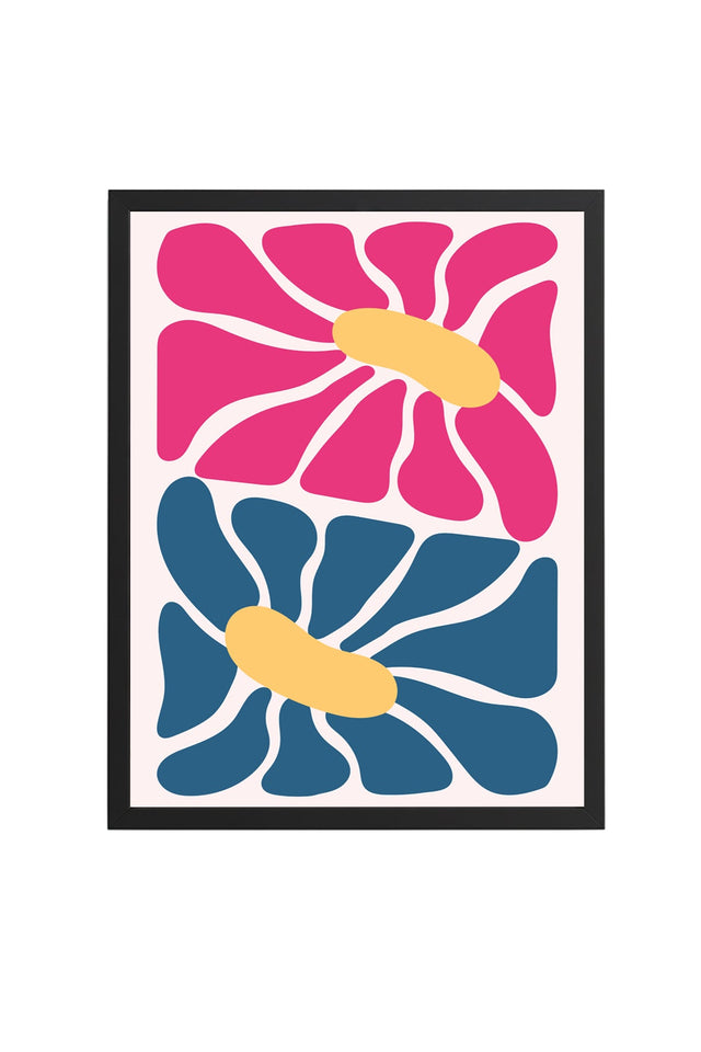 Doğal Ahşap Çerçeveli Retro Soyut Tablo - Pembe ve Mavi Floral Desen | huhu2536