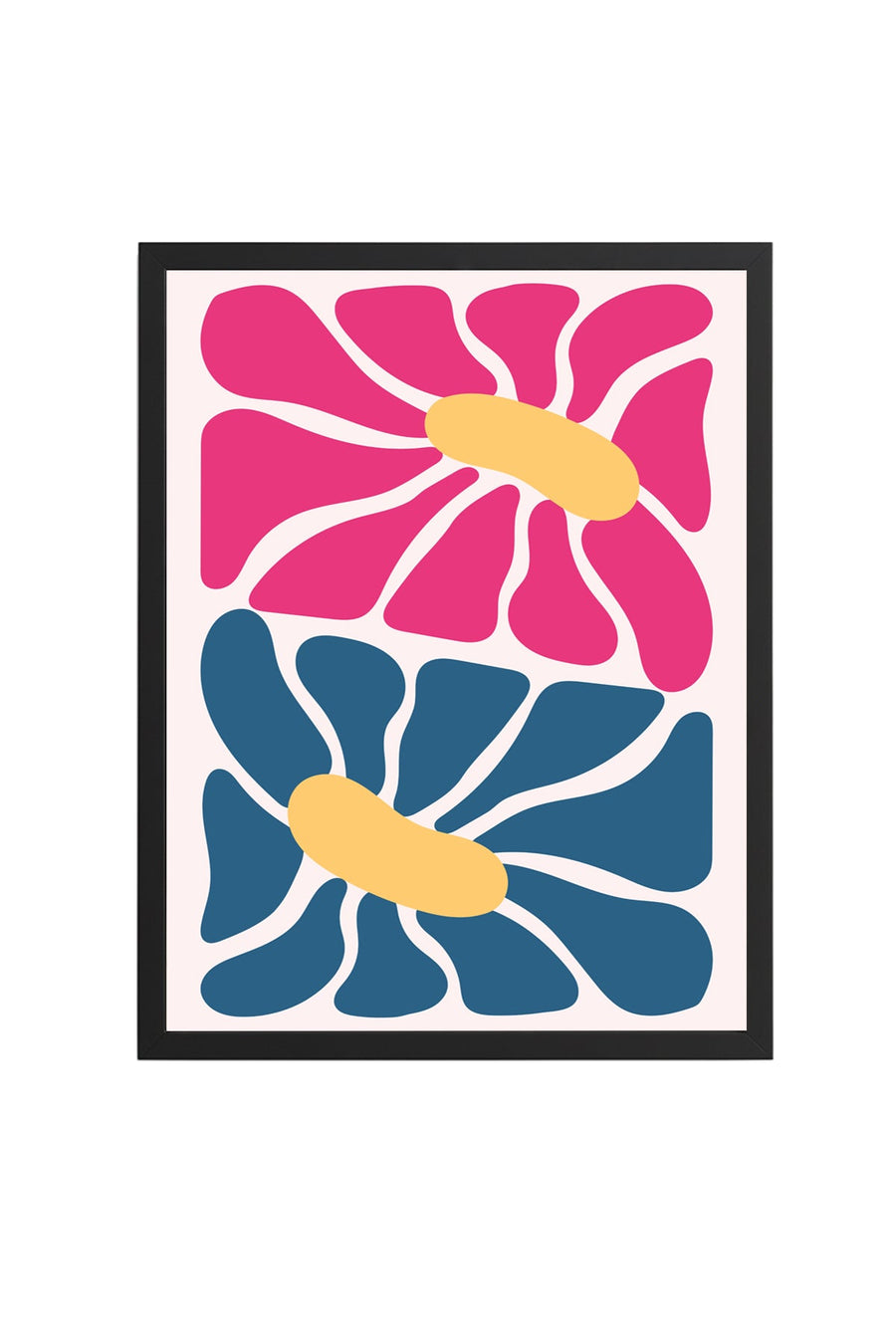 Doğal Ahşap Çerçeveli Retro Soyut Tablo - Pembe ve Mavi Floral Desen | huhu2536