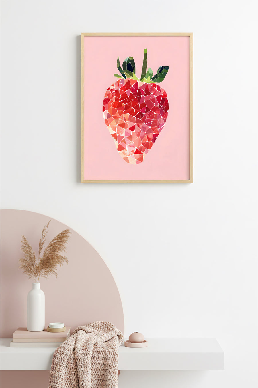 Doğal Ahşap Çerçeveli Retro Çilek Tablo - Geometrik Desen | huhu2539