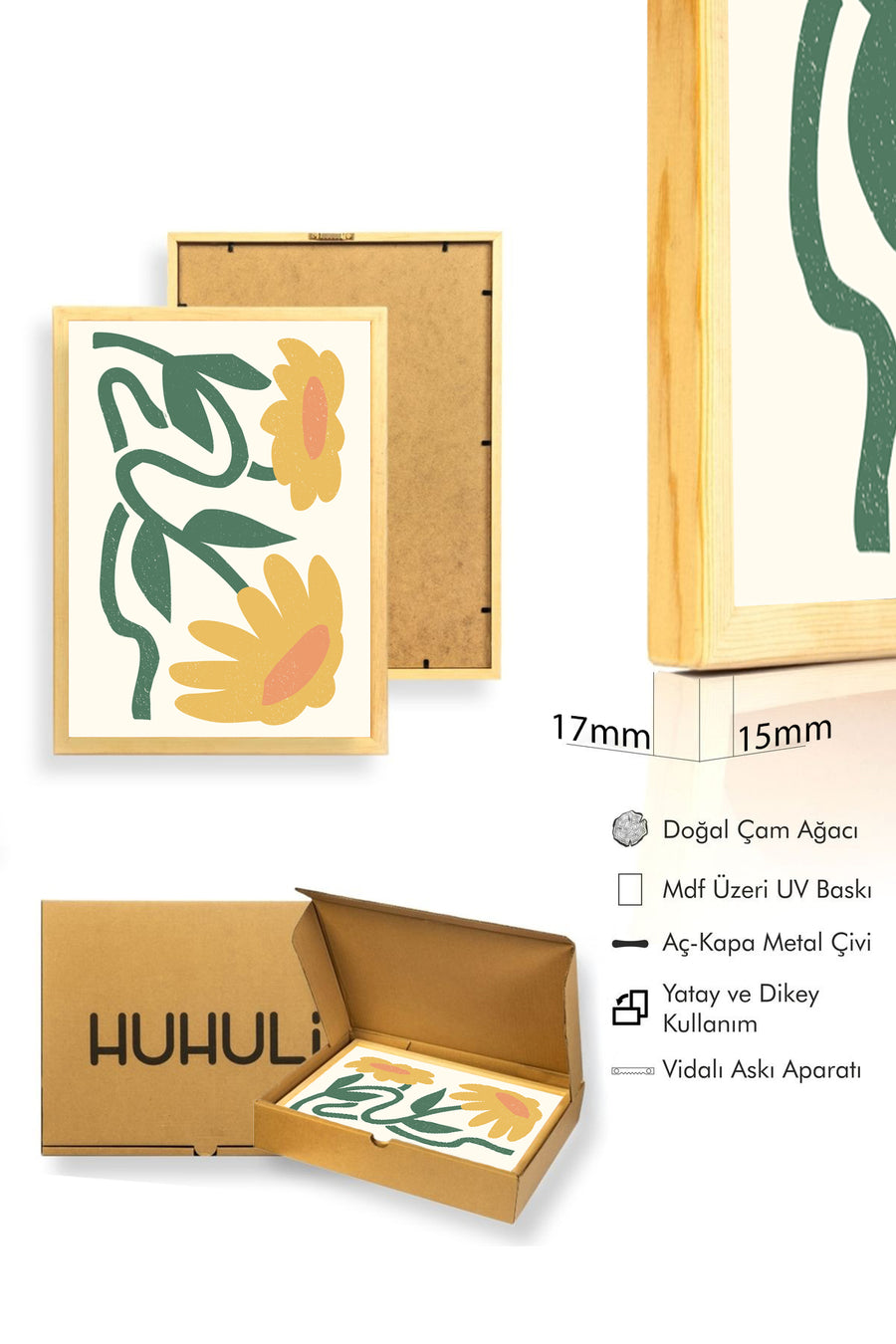 Doğal Ahşap Çerçeveli Retro Tablo - Botanik Çiçek Desenli Duvar Tablo | huhu2540