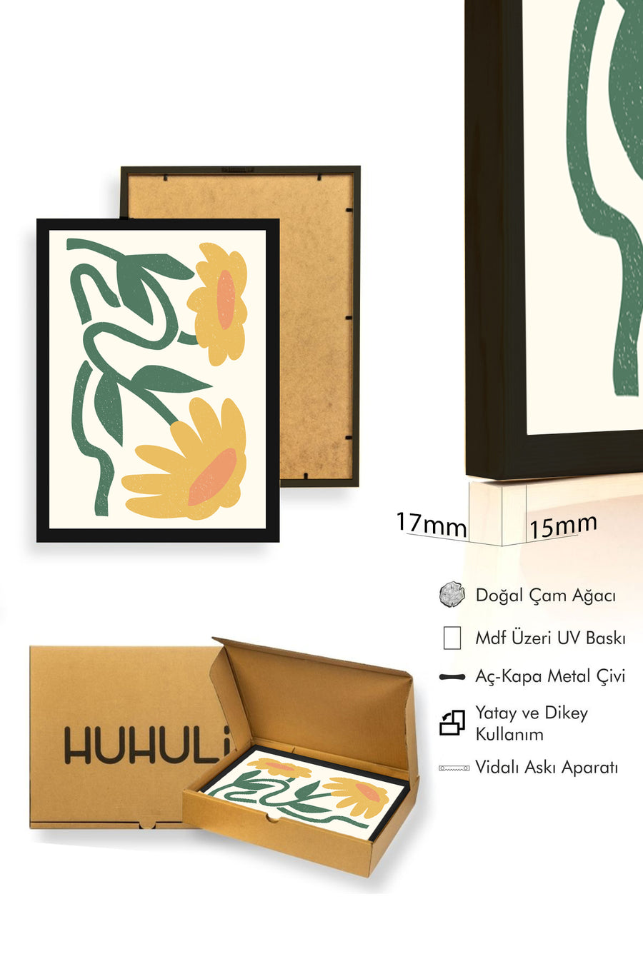 Doğal Ahşap Çerçeveli Retro Tablo - Botanik Çiçek Desenli Duvar Tablo | huhu2540