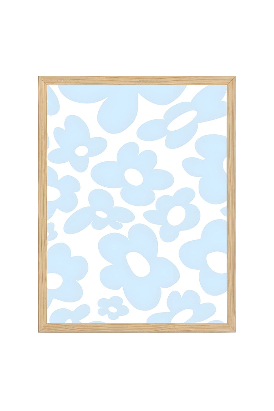 Doğal Ahşap Çerçeveli Retro Tablo - Pastel Mavi Çiçek Desenli | huhu2542