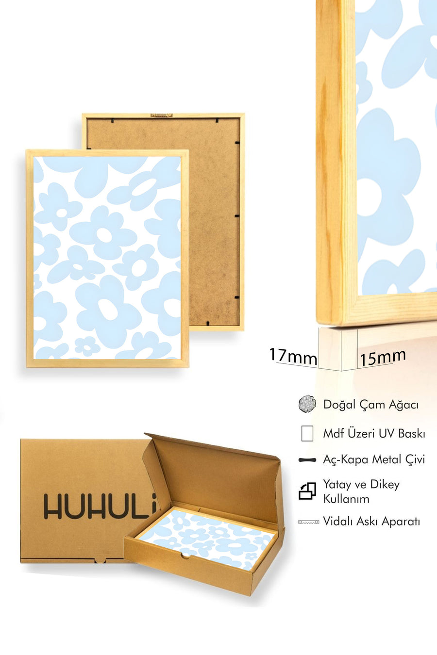 Doğal Ahşap Çerçeveli Retro Tablo - Pastel Mavi Çiçek Desenli | huhu2542