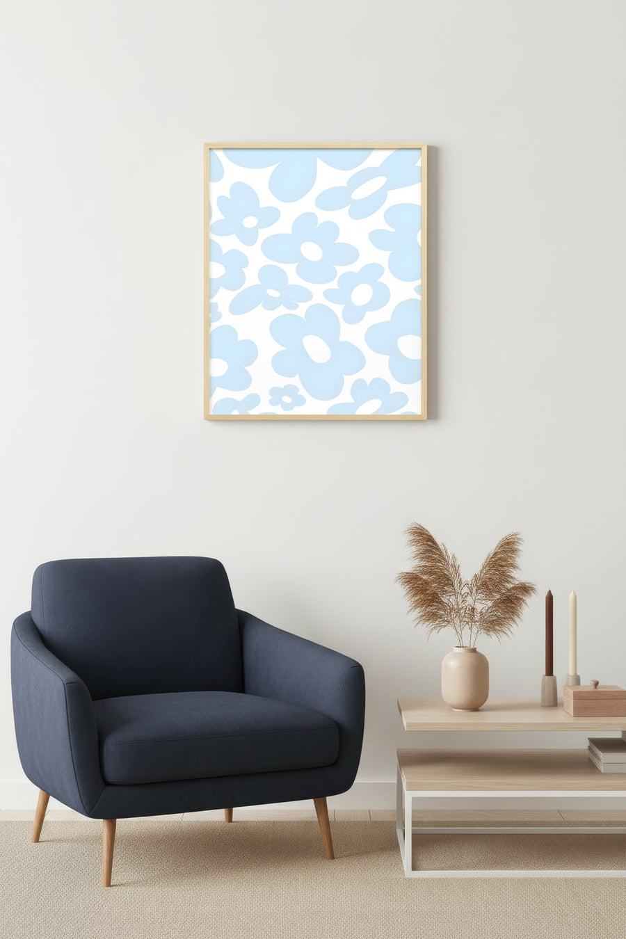 Doğal Ahşap Çerçeveli Retro Tablo - Pastel Mavi Çiçek Desenli | huhu2542