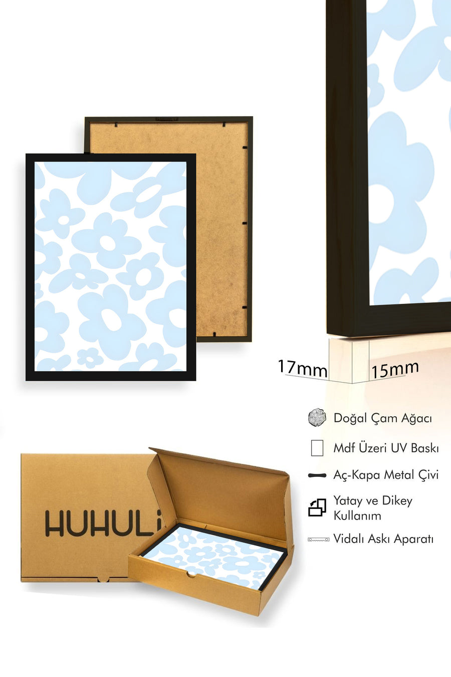 Doğal Ahşap Çerçeveli Retro Tablo - Pastel Mavi Çiçek Desenli | huhu2542
