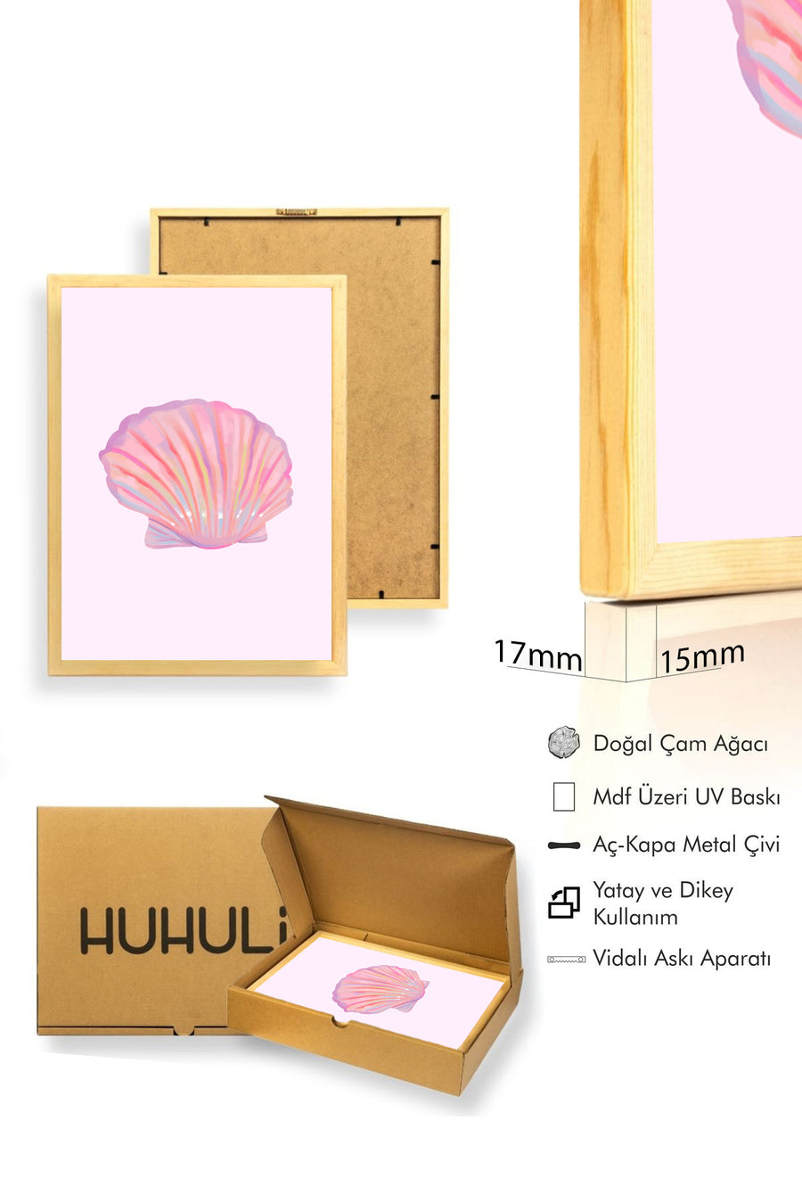 Doğal Ahşap Çerçeveli Retro Deniz Kabuğu Tablo - Pastel Tonlar | huhu2546