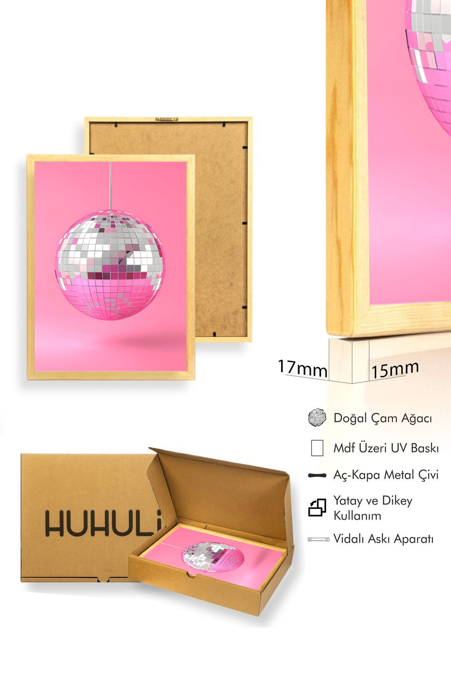 Doğal Ahşap Çerçeveli Retro Disco Geometrik Tablo - Parlak Küre | huhu2547
