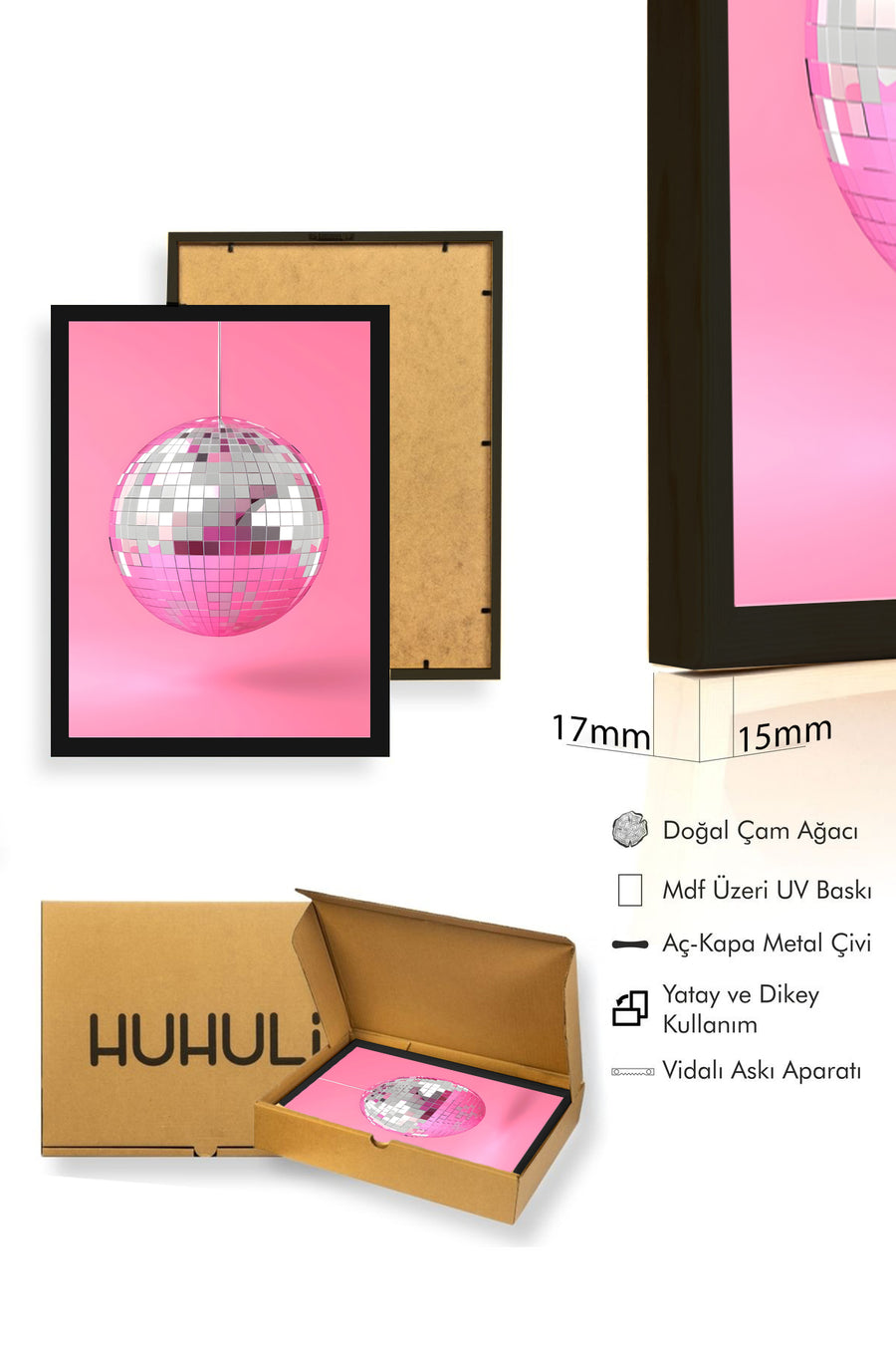 Doğal Ahşap Çerçeveli Retro Disco Geometrik Tablo - Parlak Küre | huhu2547
