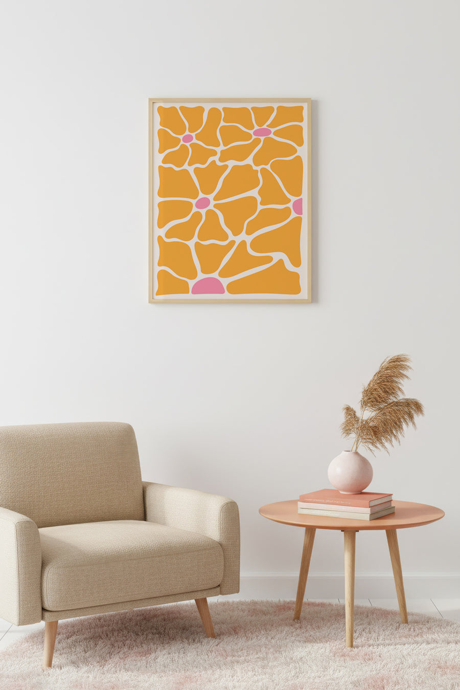 Doğal Ahşap Çerçeveli Retro Çiçek Desenli Tablo - Turuncu Pembe | huhu2548